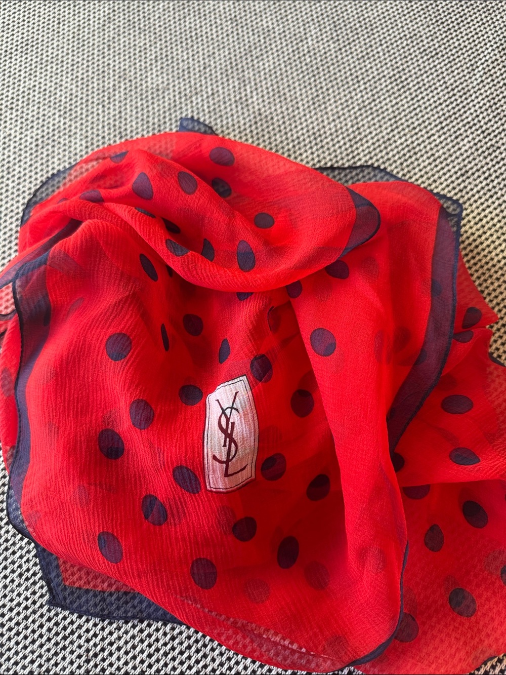 Yves Saint Laurent Red Silk Polka Dot Scarf with Navy Trim